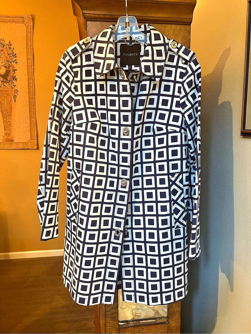 Talbots Navy  Patterned Trench Coat size 8 Like New